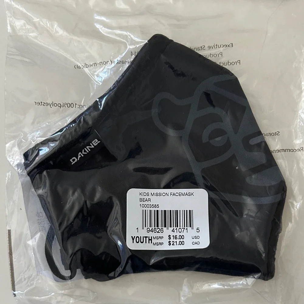 NWT Dakine Youth Black Facemask with Bear Print